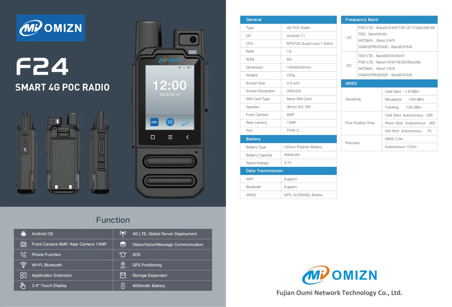 OMIZN-F24 4G POC Radio, Android 7.1 Walkie Talkie Unlimited Range with 8MP/13MP Camera, GPS, 4000mAh Battery, WiFi/Bluetooth