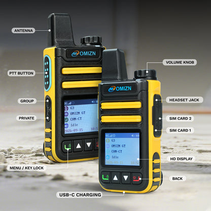 OMIZN G3 4G LTE Dual SIM Walkie Talkie, Unlimited Range, Lifetime Free, IP65, AES256 Encryption, Noise Reduction