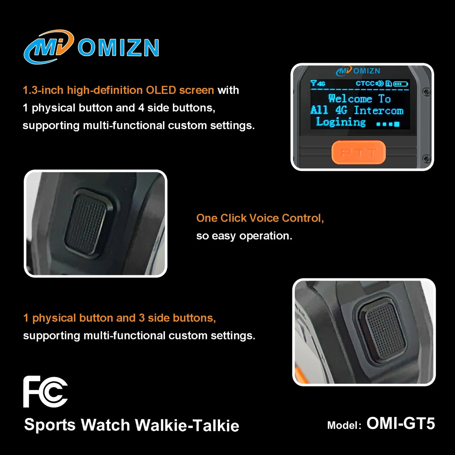 OMIZN Watch Walkie Talkie 4G Unlimited Range PoC Radios VOX Hands-Free IP65 AES256 Noise Reduction