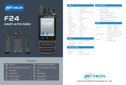 OMIZN-F24 4G POC Radio, Android 7.1 Walkie Talkie Unlimited Range with 8MP/13MP Camera, GPS, 4000mAh Battery, WiFi/Bluetooth